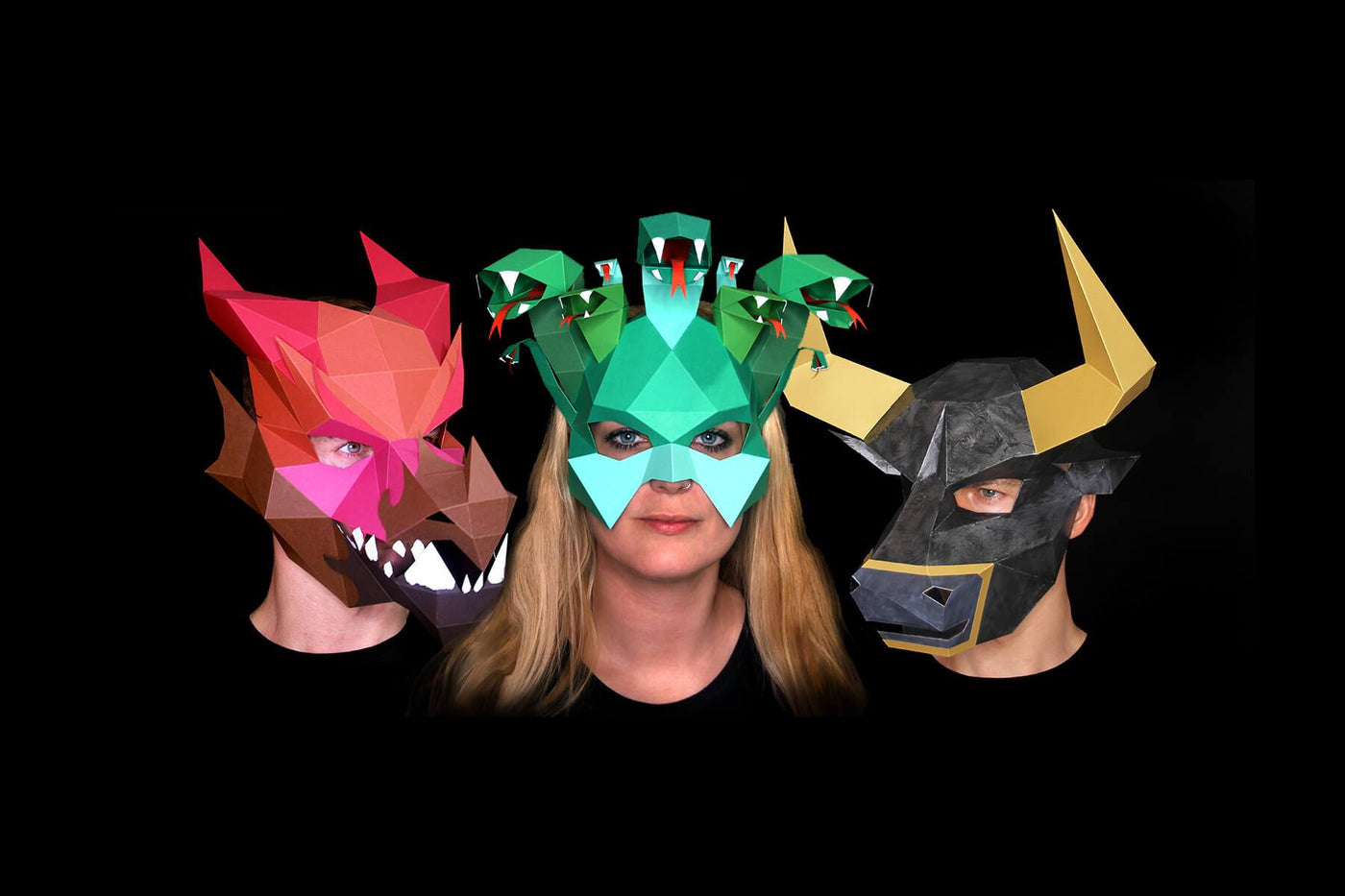 Papercraft PDF templates for paper masks designed by Ntanos. Download and make your own DIY paper craft Fantasy Cosplay masks, dragon mask, Halloween, animal paper masks, masquerade party, 3D paper craft school project and festival paper mask. 