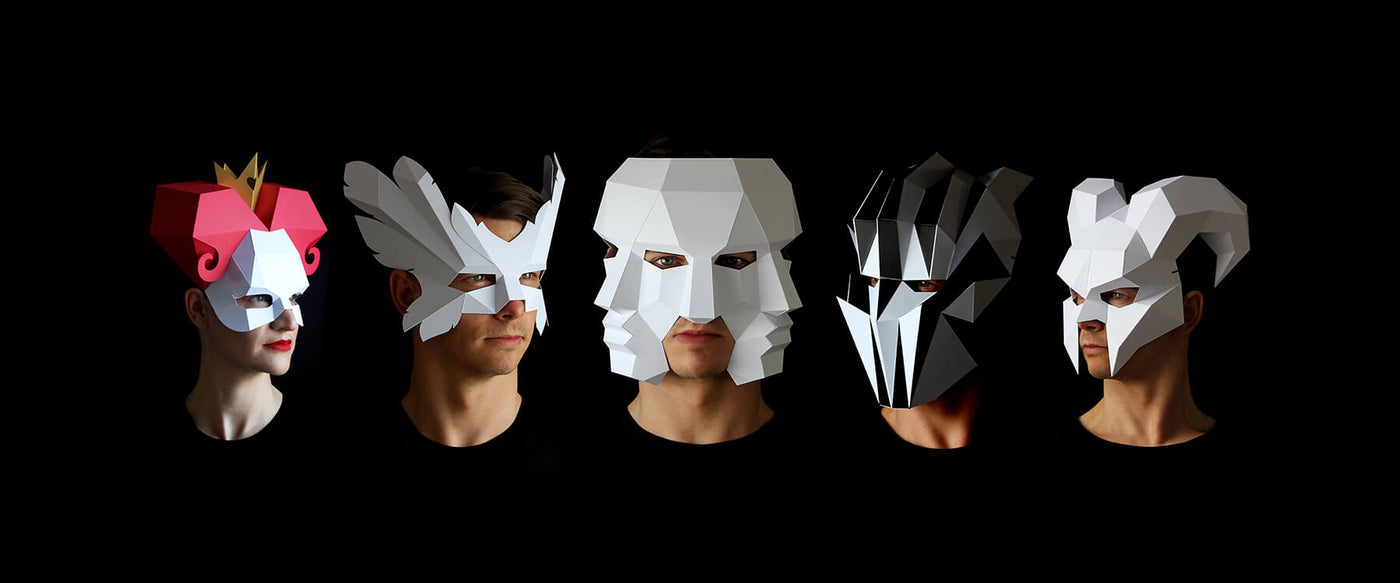 Papercraft Mask Templates designed by paper artist Kostas Ntanos. Queen of Hearts, Three Face Mask, Demon mask. Make your own geometric paper masks by designer Kostas Ntanos. Download DIY papercraft mask templates. Halloween paper masks to make yourself.