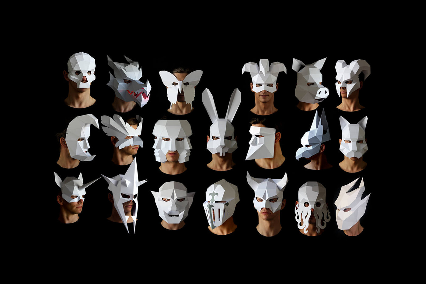 Papercraft Masks Templates to make your own DIY paper face masks. Designed by paper artist Kostas Ntanos, animal masks templates for making low-poly papercraft masks. Download DIY geometric papercraft mask templates for Halloween. 