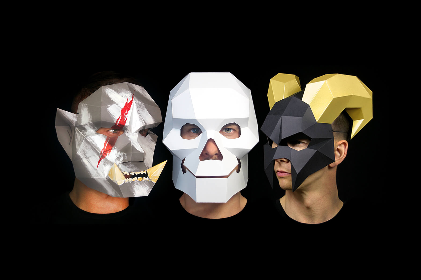 Halloween Papercraft Wintercroft Masks Templates made by you. Skull mask, Pumpkin King mask, Demon mask. Download the template and make your own DIY paper low-poly geometric paper masks for Halloween. Designed by Ntanos