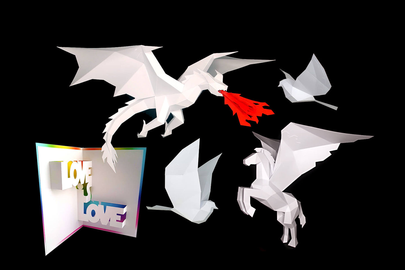 3D low-poly papercraft sculptures of dragon, bat, bird and Pegasus horse. Designed by Kostas Ntanos. Made by you. Download the template and make your own DIY paper sculptures. Beautiful 3D papercraft designs made by you. 